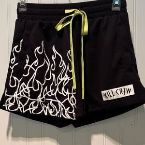 Kill Crew Black Athletic Shorts with White Flames and Yellow Drawstring